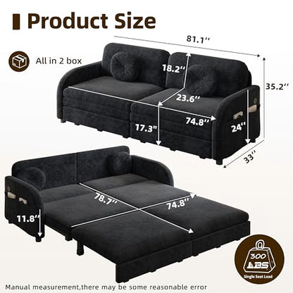 81.1'' King Size Sleeper Sofa Bed, 3-in-1 Pull Out Chenille Couch, Black | Cozy Curved Armrest, Loveseat with USB, 2 Round Pillows, Washable Cover, Pocket, for Living Room, Apartment, Small Spaces, RV - color: Black, size: 81.1'' King