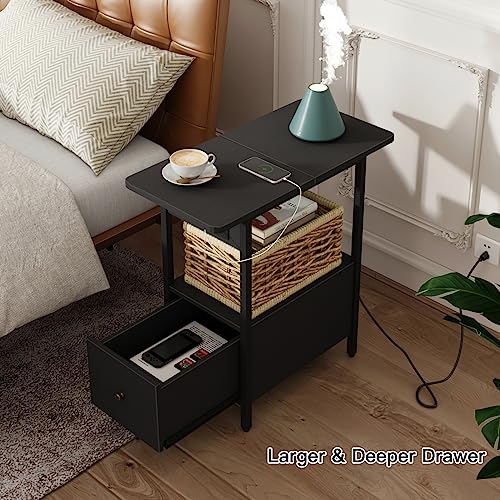 LIDYUK End Table with Charging Station, Narrow Side Table with Drawer | Equipped with USB Ports & Power Outlets, Nightstand Bedside Tables for Small Spaces, Bedroom, Living Room, Black - color: Black, size: Pack of 1