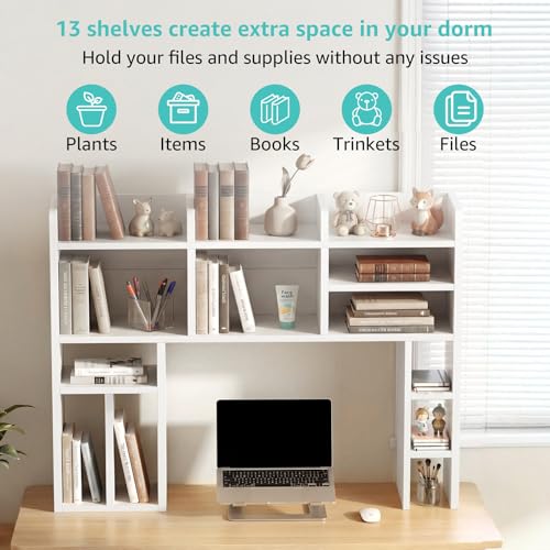 NUTIKAS White Desk Hutch Dorm with Shelves and File Organizer - 37" Wood Desktop Hutch for College Room, Desktop Bookshelf for Computer Desk, Space Saving Bookshelf