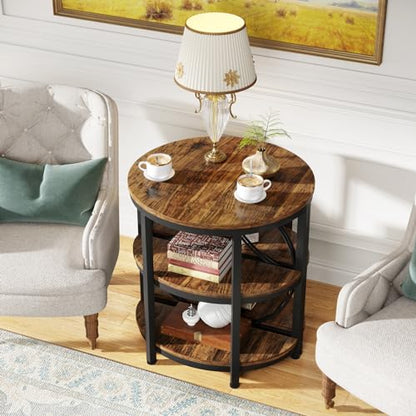Tribesigns Half Round End Table for Living Room, 3-Tier Half Circle Side Table with Metal Frame, Industrial Half Moon Table, Half Coffee Accent Table Bedside Table for Bedroom, Brown - color: Rustic Brown