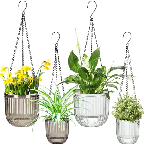 4 Pcs Self Watering Planters 6.5'' 4.5'', Grey, Clear | Hanging Pots for Indoor Plants with Drainage Holes and 3 Hooks, Ribbed Design, Perfect for Balcony Patio Garden Home - color: Grey,clear, size: 6.5'' 4.5''