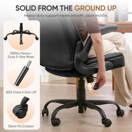 Home Office Chair with Lumbar Support, 5" Thickened Seat, Small PU Leather Rocking Desk Chair, Comfy Computer Chairs with Rolling Wheels & Adjustable Armrests for Adults, Black - color: Black