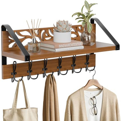 WGFKVAS 2 in 1 Coat Rack Wall Mount with Shelf | 6-Double Hook Wall Hooks with Shelf, Rustic Brown 15" Wood Organizer for Entryway, Living Room, Bedroom, Hallway