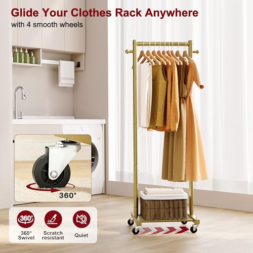 SLEEPING LAMB Small Clothes Racks for Hanging Clothes, Rolling Clothing Rack with Shelves, 60" Metal Garment Rack with Wheels Portable Wardrobe Rack for Small Space, Gold - color: Gold