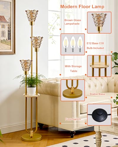 3-Light Modern Glass Floor Lamp with Shelf, Gold Tall Standing Lamp with Amber Flower Glass Shade, LED Floor Lamp with Foot Switch& 5Lbs Heavy Base for Living Room Bedroom, Bulb Included - color: 3 Amber Horn -Gold