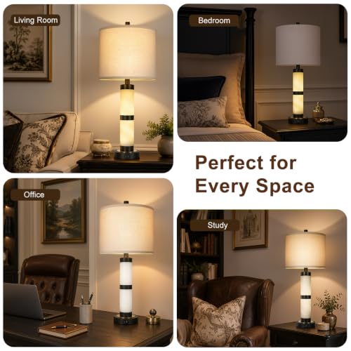 KIVDITZO Alabaster Table Lamps Set of 2 with Night Light with USB A&C Ports | Nightstand Lamp, USB Ports, Alabaster Night Light, Modern Bedside Table Lamp, Bulbs Included, for Bedroom Living Room Office - color: Pure White