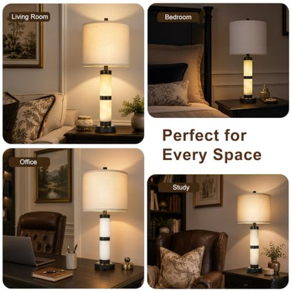 KIVDITZO Alabaster Table Lamps Set of 2 with Night Light with USB A&C Ports | Nightstand Lamp, USB Ports, Alabaster Night Light, Modern Bedside Table Lamp, Bulbs Included, for Bedroom Living Room Office - color: Pure White