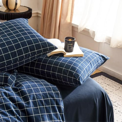 Wake In Cloud - Grid Cotton Duvet Cover Set, Plaid Checkered Geometric Farmhouse, 100% Washed Cotton Textured Bedding Set, 3 Pieces, Navy Blue, Queen Size - size: Queen