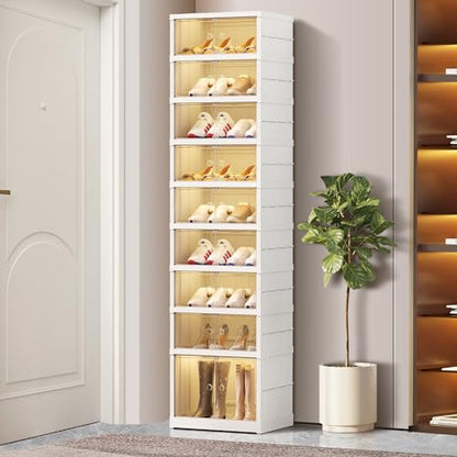 CIMLORD 9-Tier Foldable Shoe Rack, Magnetic Doors, 18 Pairs, White | Collapsible Plastic Shoe Cabinet, Stackable, Clear Doors, Bottom Wheels, Fits Boots, Easy Assembly, Closet & Entryway - size: 9 Tiers 18 Pairs