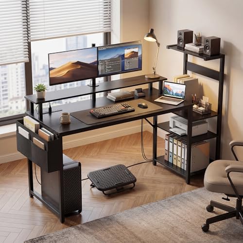Gaming Desk 54 Inch Computer Table with Storage Shelves & Monitor Stand | LED Setup Style, PC Tower Stand, Reversible Workstation, USB Charging Port, for Home Office Desk, Bedroom, Dorm, Black - size: 54inch