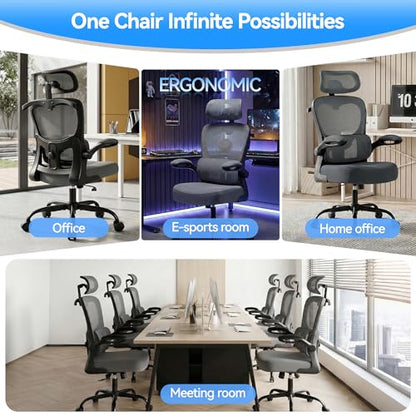 Ergonomic Office Chair, Desk Chair with Adjustable Lumbar Support | High Back Breathable Mesh Computer Chair with Adjustable Headrest,Hanger,Flip Up Armrest and Rocking Function for Home Office - color: Dark Gray
