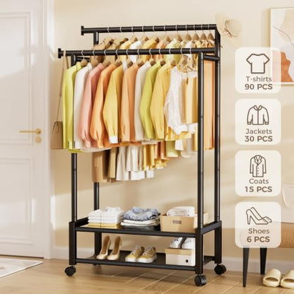 Double Rod Clothing Rack with 2 Shelves, Rolling, Black | All tools included, metal frame, 4 casters with 2 locking, for bedroom, laundry, and entryway - color: Black