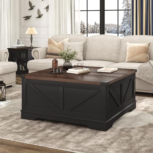 Hlivelood 40” Large Farmhouse Lift Top Coffee Table with Power Outlets and Large Hidden Storage, Square Wood Living Room Tables, Multi-Function Lift Wooden Barn Door Center Table, Black - color: Black