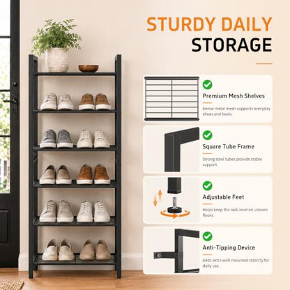 6 Tier Shoe Rack, Stackable Metal Organizer with Adjustable Feet, 2-in-1 Shoe Shelf Holds 12 Pairs, Perfect for Entryway Garage Closet, Black - size: 6 Tier