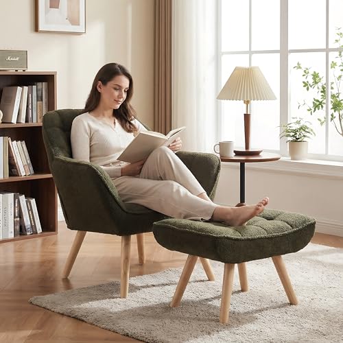 Green Sherpa Accent Chair with Ottoman ，Modern Reading Chairs with Ottoman Set, Comfy Fuzzy Armchair Living Room Chair Lounge Chair with Wood Legs for Small Spaces Bedroom Apartment - color: Green, size: Chair with Ottoman