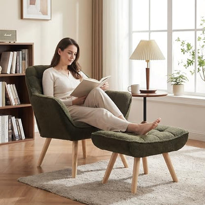 Green Sherpa Accent Chair with Ottoman ，Modern Reading Chairs with Ottoman Set, Comfy Fuzzy Armchair Living Room Chair Lounge Chair with Wood Legs for Small Spaces Bedroom Apartment - color: Green, size: Chair with Ottoman