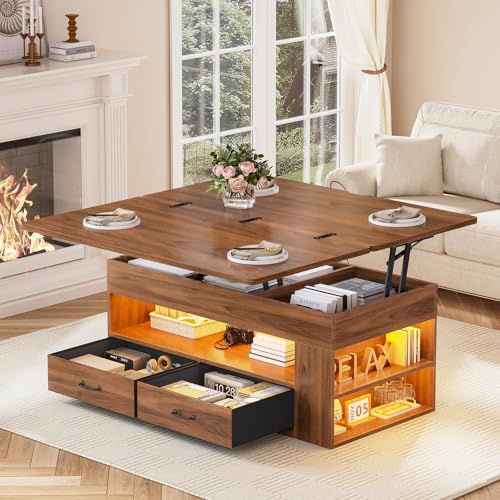 Itaar Lift Top Coffee Table, 4 in 1 Coffee Tables with Storage and Hidden Compartment, Farmhouse Coffee Table with 2 Fabric Drawers & LED Light for Living Room, Brown - color: Brown