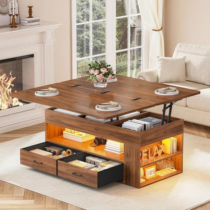 Itaar Lift Top Coffee Table, 4 in 1 Coffee Tables with Storage and Hidden Compartment, Farmhouse Coffee Table with 2 Fabric Drawers & LED Light for Living Room, Brown - color: Brown