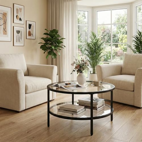 DIYART 29.5" Round Glass Coffee Table, 2-Tier Modern Black Glass & Metal End Table for Living Room, Mid Century Accent Table with Lower Shelf, 29.5" D x 16.5" H