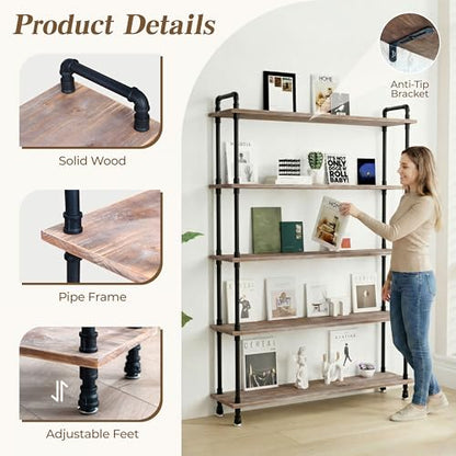 Industrial Bookshelf, Pipe Shelf Bookcase, 5 Tier, 48" Weathered Brown | Solid pine shelves, 48 inch wide, black pipe frame, 50 lbs per shelf, open bookcase for books, plants, office - color: Weathered Brown, size: 48"L × 70"H