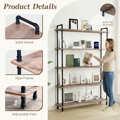 Industrial Bookshelf, Pipe Shelf Bookcase, 5 Tier, 48" Weathered Brown | Solid pine shelves, 48 inch wide, black pipe frame, 50 lbs per shelf, open bookcase for books, plants, office - color: Weathered Brown, size: 48"L × 70"H
