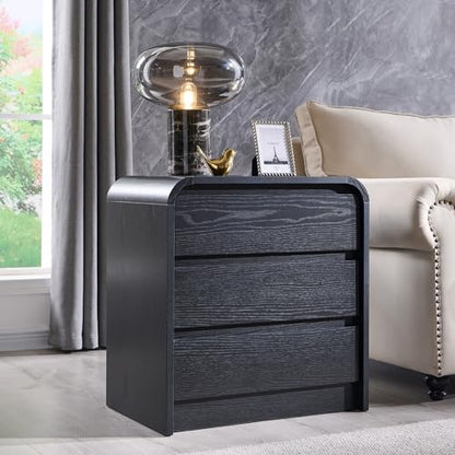 Aitjunz 25" Tall Modern Nightstand with Charging Station, 23.6'' Wide Wood Bedside Table w/3 Storage Drawers, Small Dresser w/Curved Profile Design, End Table for Bedroom, Black - color: Black