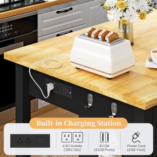 Kitchen Island with Storage and Seating Include 2 Bar Stools, Drawers,Black | 47" Solid Rubberwood Top Kitchen Island with Trash Can Storage, Power Outlet, 6 Hooks, Coffee Bar Cabinet, Dining Table for 2 - color: Black