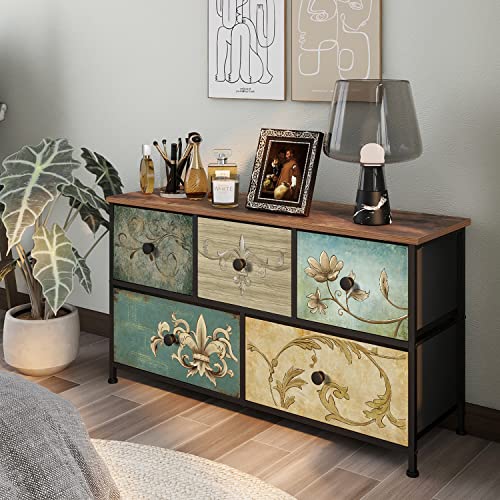 Dresser with Drawers for Bedroom Chest of Drawers Fabric Dresser for Closet,Nursery Entryway Hall Tree TV Stand for Living Room Retro Floral Pattern Drawers Wooden Top (5 Drawers) - size: 11.8"D x 39"W x 21.5"H (5 Drawers)