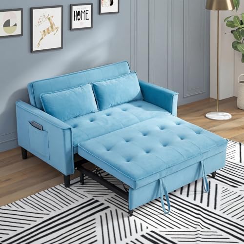 3 in 1 Convertible Sleeper Sofa Bed, Velvet Loveseat Futon Pull-Out Couch with Adjustable Reclining Backrest, Side Pockets and Pillows for Living Room,Bedroom Apartment Small Spaces (Sky Blue-Velvet) - color: Sky Blue-velvet