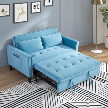 3 in 1 Convertible Sleeper Sofa Bed, Velvet Loveseat Futon Pull-Out Couch with Adjustable Reclining Backrest, Side Pockets and Pillows for Living Room,Bedroom Apartment Small Spaces (Sky Blue-Velvet) - color: Sky Blue-velvet