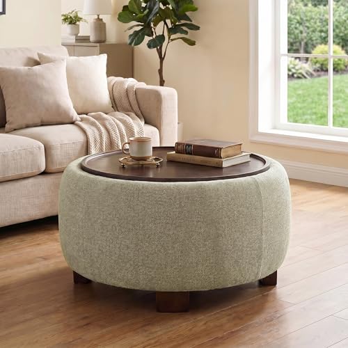 VKNOW 30" Round Storage Ottoman Coffee Table, Ottoman with Sotrage with Lift-Off Lid and Solid Wood Legs, Coffee Tables for Living Room, Bedroom, Apartments, Corners, Khaki - color: Khaki