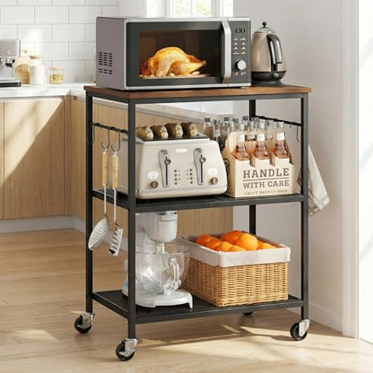 Homleke 3-Tier Rolling Kitchen Microwave Cart, Utility Cart | Coffee Bar Table Station with 6 Hooks, Small Appliance Storage Shelf, Rustic Brown and Black - color: Rustic Brown and Black