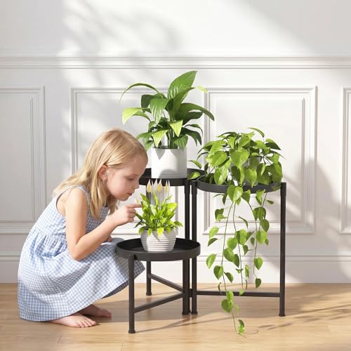 3 Tier Tall Metal Plant Stand, Duty Tiered Flower Shelf for Patio Garden | Foldable storage, Rotatable 3-tier design, leakproof trays, Waterproof rustproof, 10-minute easy assembly - size: 3 Tier