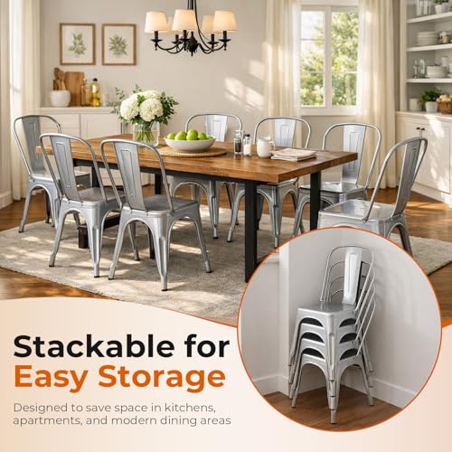 Metal Dining Chairs Set of 4 Moonlight Silver Color | Silver Outdoor Metal Chairs for Farmhouse Kitchen,Bistro,Dining Room,Patio - color: Moonlight Silver
