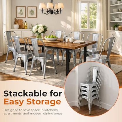 Metal Dining Chairs Set of 4 Moonlight Silver Color | Silver Outdoor Metal Chairs for Farmhouse Kitchen,Bistro,Dining Room,Patio - color: Moonlight Silver