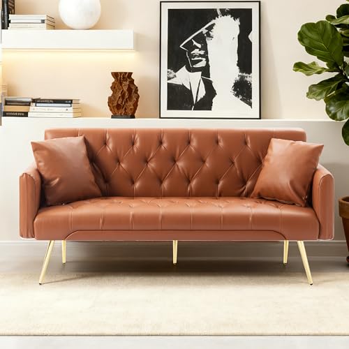 Anwick 72''Modern Velvet Sofa Bed Futon,Convertible Folding Sleeper Couches with 3 Adjustable Backrests,Tufted Recliner Loveseat with Golden Chrome Legs for Living Room Apartment Office (Brown) - color: Brown