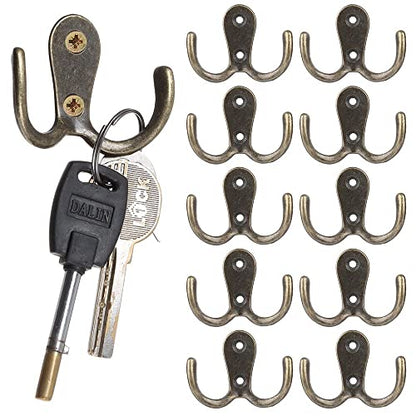 HomeSoGood 10pcs Metal Antique Hooks Double Prong Wall Door Coat Hanger Retro Key Holder Hat Bag Clothes Towel Organizer Shelf Storage(2.16inch,Bronze Tone)
