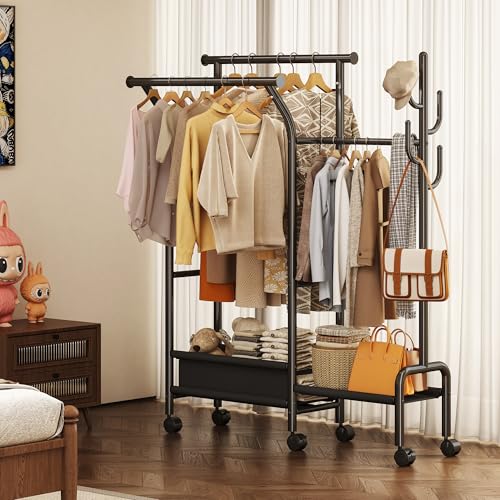 Homeiju Heavy Duty Clothes Rack Load 500LBS, Three Rods Clothing Racks for Hanging Clothes Extendable, Rolling Garment Rack with Sturdy Wheels, Basket, Storage Shelves, Black - color: Black