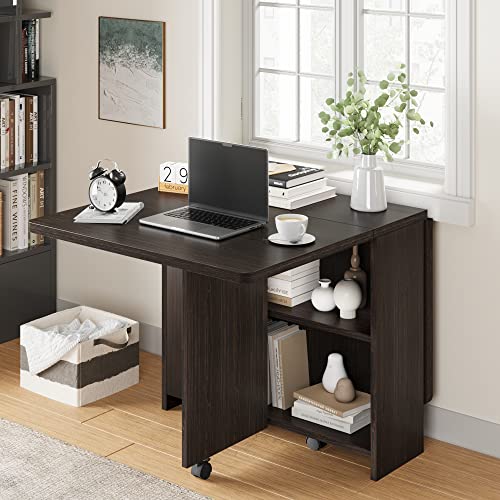 Folding Dining Table with 2-Layer Storage Rack, Drop Leaf Tables, Black | Small Spaces, Foldable Dining Table with 3 Wheels, Kitchen Table, Dining Room - color: Dark Walnut, size: 50.1"D x 31.4"W x 29.5"H