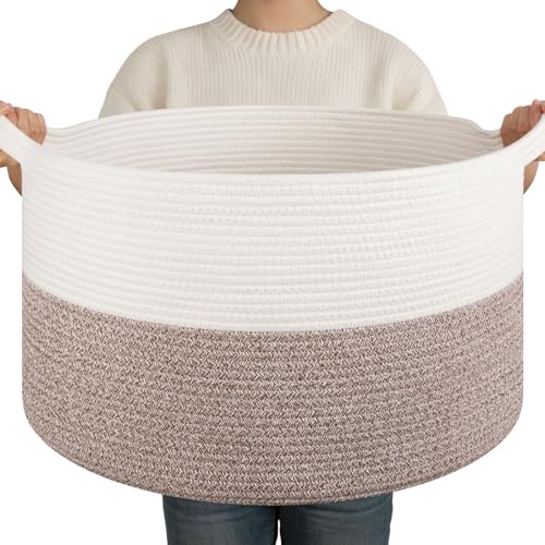 OIAHOMY Large Blanket Basket for Living Room, 19.7" x 12.6" Woven Cotton Rope Laundry Basket for Organizing Pillows, Decorative Stuffed Animal Toy Storage for Nursery, White and Linen Brown - color: White and Linen Brown, size: 19.7"D x 12.6"H