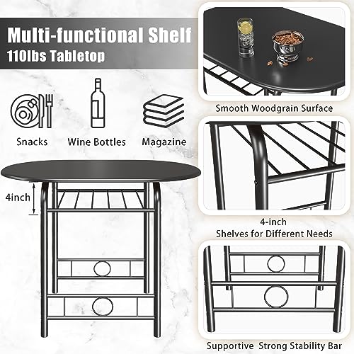 JUMMICO 3-Piece Wooden Round Table & Chair Set | Kitchen Breakfast Nook Wood Grain Tabletop with Metal Frame and Built-in Wine Rack for Kitchen, Dining Room (Black) - color: Black