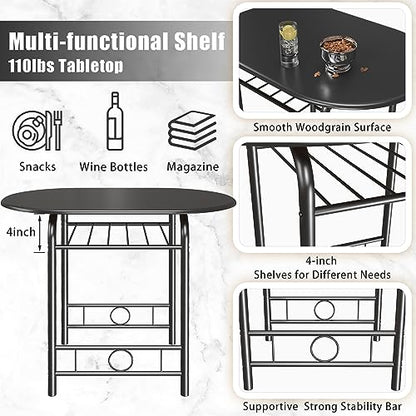 JUMMICO 3-Piece Wooden Round Table & Chair Set | Kitchen Breakfast Nook Wood Grain Tabletop with Metal Frame and Built-in Wine Rack for Kitchen, Dining Room (Black) - color: Black