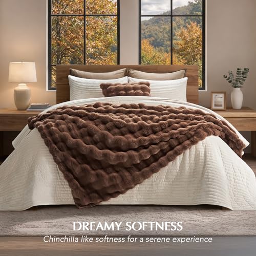 Faux Rabbit Fur Bubble Throw Blanket, 60"x80", Chestnut | Ultra Soft, Luxury Faux Rabbit Fur Throw, Thick Warm Bubble Blanket, Cozy Fluffy Reversible, for Bed, Couch, Chair, Sofa - color: Chestnut, size: 60"x80"
