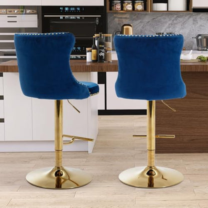 Velvet Bar Stool Set of 2, Adjustable Swivel Bar Stools with Gold Plated Metal Leg, Button Tufted, Footrest, Chrome Nailhead, Counter Height Chair for Kitchen, Bar, Dining Room (Blue) - color: Blue-gold Leg, size: Set of 2