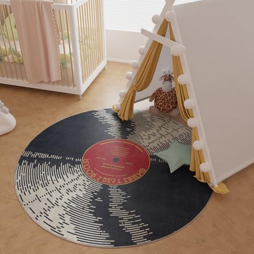 Vinyl Record 5ft Round Rug, Non-Slip Round Area Rug for Living Room, Bedroom, Dining Room Table, Large Circle Area Rugs, Soft Circle Rugs for Home Decor Aesthetic, Low-Pile&Waterproof Alfombra Redonda - size: 5' (Round)