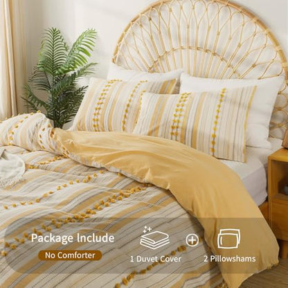 Washed Cotton Full Size Duvet Cover Set - Tufted Dots Boho Chic Bedding for All Seasons, Striped Bohemain Bedding Linen Like Textured Breathable Durable Soft Comfy (Yellow, 89''x90'') - color: Yellow, size: Full