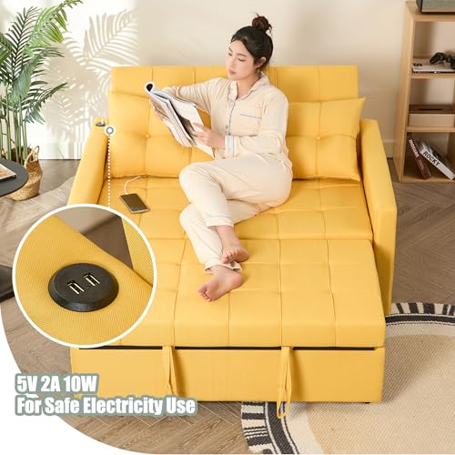 GOSUHI 52" 3-in-1 Convertible Sleeper Sofa Bed, Linen, Yellow | Pull-Out Bed, Stepless Adjustable Backrest, Side Pocket, Compact Loveseat, Living Room, Dorm & Apartment - color: Yellow