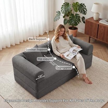 59" Boneless Couch,4-in-1 Futon Sofa Bed Modular Loveseat Sleeper Folding Compressed Couch with Pillows,No Assembly Required Convertible Sofa Bed for Living Room Bedroom Guest Room,Grey - color: Grey, size: 59.06" Loveseat Sofa