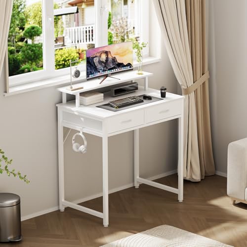 DUMOS 31-Inch Computer Desk with Drawers and Monitor Stand, White | Small Writing Desk for Home Office with Headphone Hook, Compact Study Table for Bedroom - color: White, size: 31-In