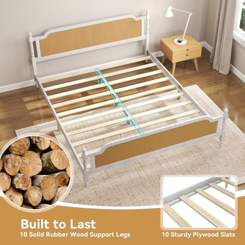 Full Size Bed Frame with Natural Rattan Headboard and Footboard, Solid Pine Wood Platform Bed, Mid Century Bohemian Style, No Box Spring Needed, White+Walnut